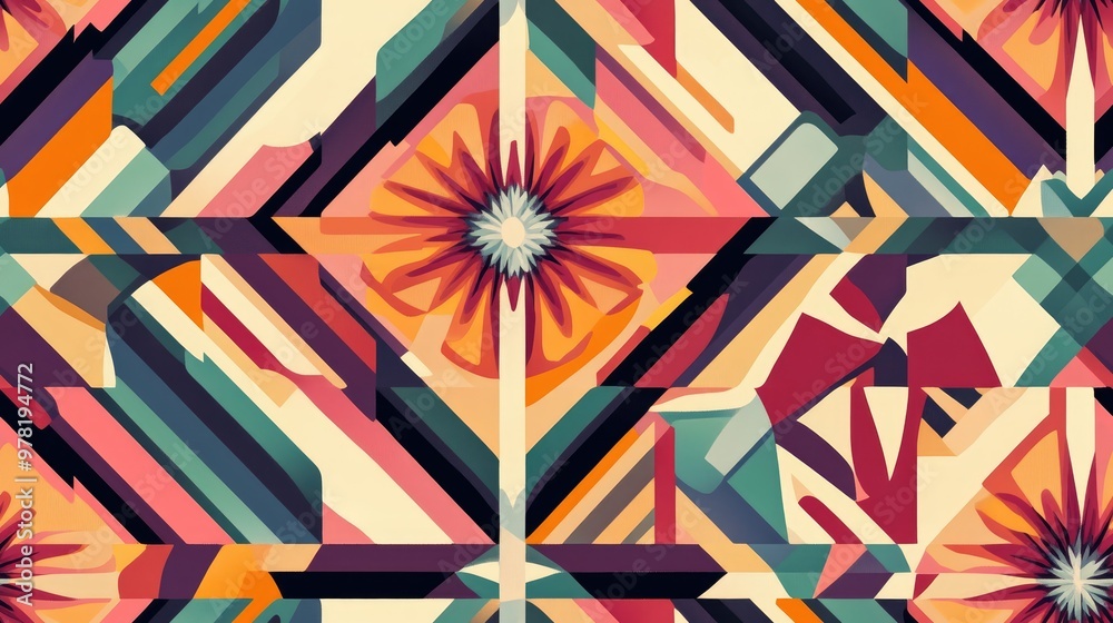 Abstract seamless geometric pattern with striped floral elements in multiple colors Abstract seamless geometric pattern with striped floral elements in multiple colors