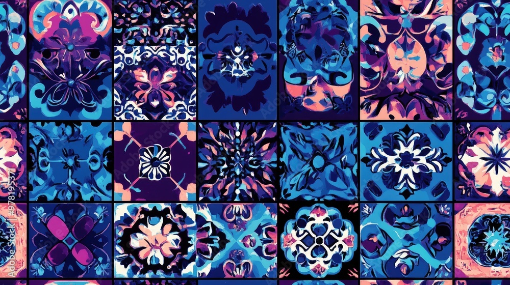 Multicolored pattern featuring Turkish inspired motifs Seamless ceramic tile design with vibrant patchwork elements Incorporates Islamic Arabic Indian and Ottoman designs in shades of blue violet a Multicolored pattern featuring Turkish inspired motifs Seamless ceramic tile design with vibrant patchwork elements Incorporates Islamic Arabic Indian and Ottoman designs in shades of blue violet a