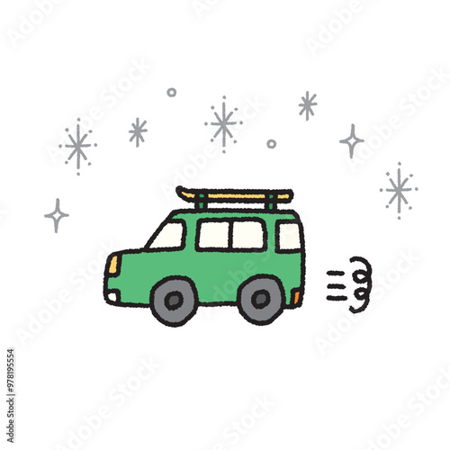 スキー場に向かう車のシンプルな手書き風イラスト