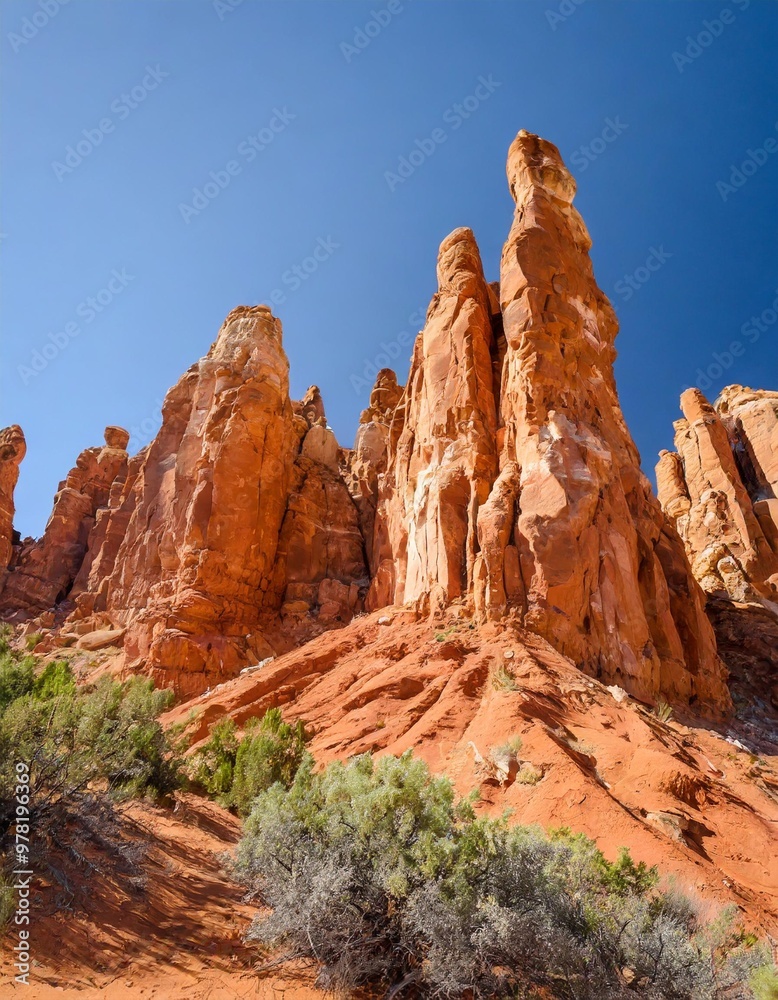Fototapeta premium Towering Red Rock Formations Against a Cloudless Blue Sky, a Desert Paradise