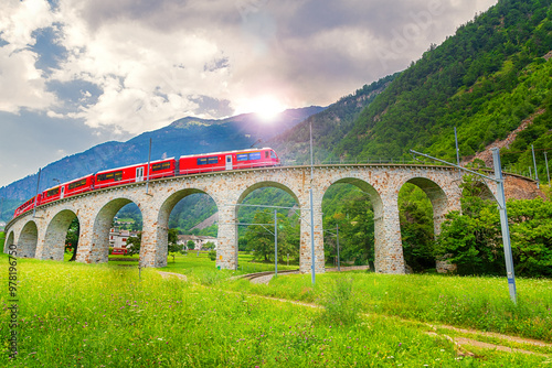 Brusio spiral viaduct (Kreisviadukt Brusio) on the Bernina Railway at Grisons, Switzerland photo