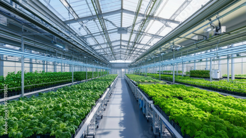 A panoramic view of multi level indoor farm showcasing vibrant green plants under bright, spacious greenhouse.