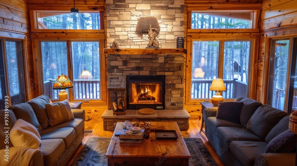 Comfortable living room with a stone fireplace, cozy furniture, and warm lighting for a welcoming atmosphere. Comfortable living room with a stone fireplace, cozy furniture, and warm lighting for a welcoming atmosphere.