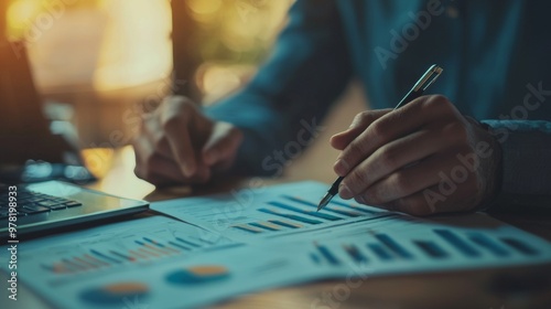 Businessman analyzing financial charts with laptop and documents