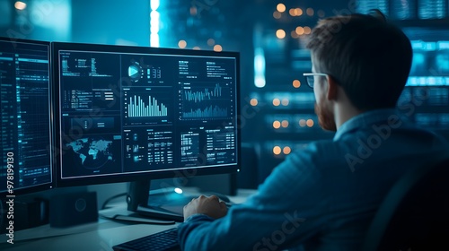 Businessman at desk analyzing revenue charts on digital screen, focused on financial growth and business success, office equipment in background