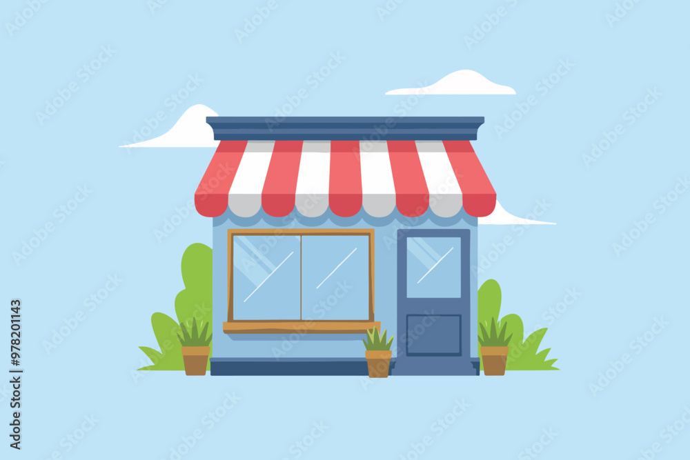 Obraz premium Small shop with a red and white awning, online sales concept.