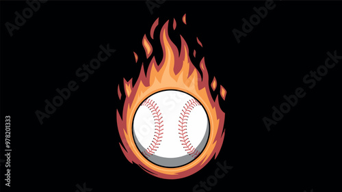 Baseball ball on fire, sports concept, black background.