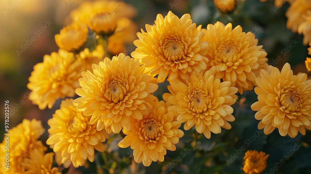 A close-up of golden-yellow chrysanthemums clustered together in a garden the intricate petal patterns highlighted by the warm glow of the late afternoon sun A close-up of golden-yellow chrysanthemums clustered together in a garden the intricate petal patterns highlighted by the warm glow of the late afternoon sun