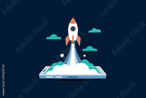 Rocket taking off from a cell phone, technology and startup concept.