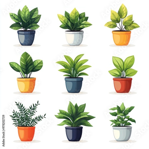 Collection of Nine Potted Plants Illustration