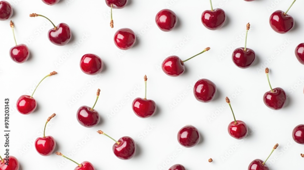 Top view of scattered fresh red cherries on a white background showcasing their vibrant color and juicy appeal Top view of scattered fresh red cherries on a white background showcasing their vibrant color and juicy appeal
