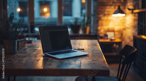 Cozy home office with laptop and warm ambient lighting