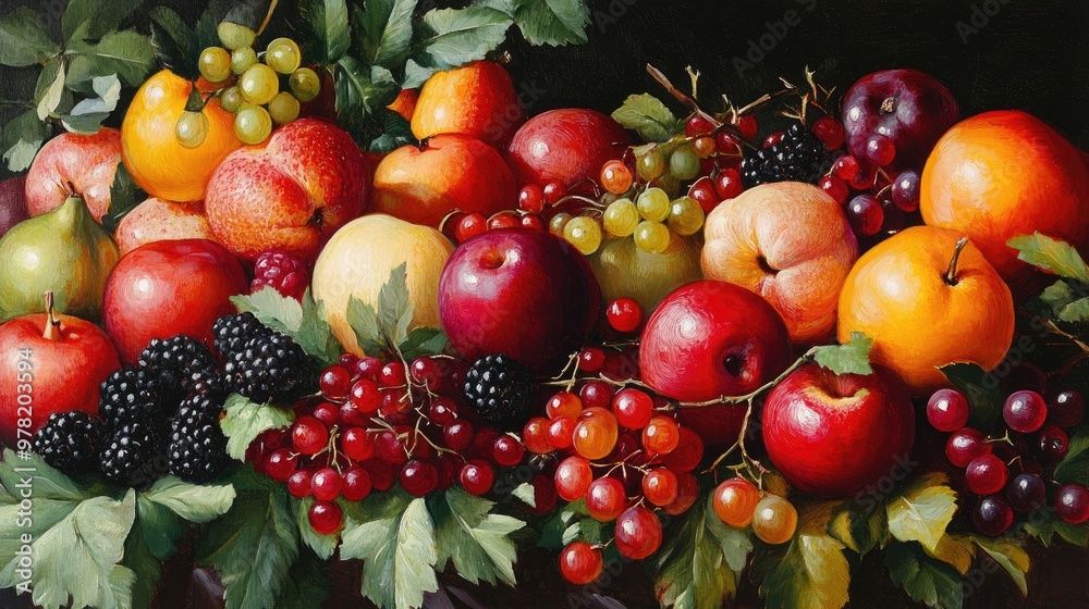 Rectangular oil painting featuring assorted fruits and berries Rectangular oil painting featuring assorted fruits and berries