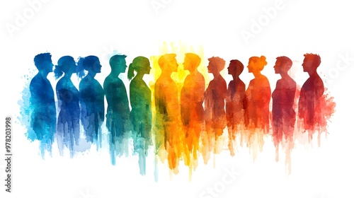 Artistic representation of a community choir singing together, each member depicted as a colorful silhouette, radiating unity and harmony