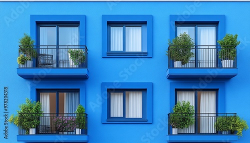 Blue Building with Balconies and Windows