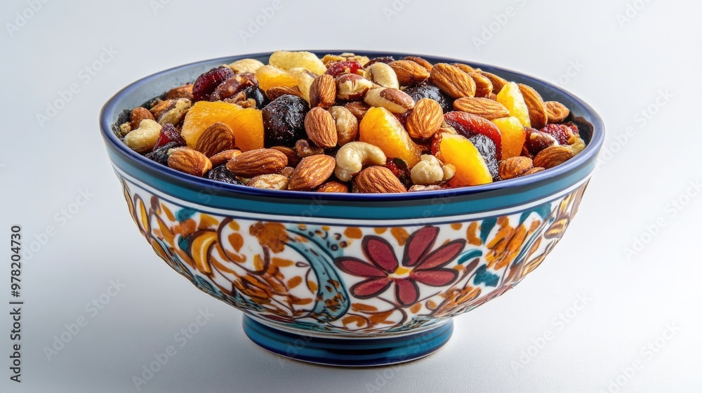 Vibrant side view of a colorful bowl filled with a high energy trail mix featuring roasted nuts and fruit
