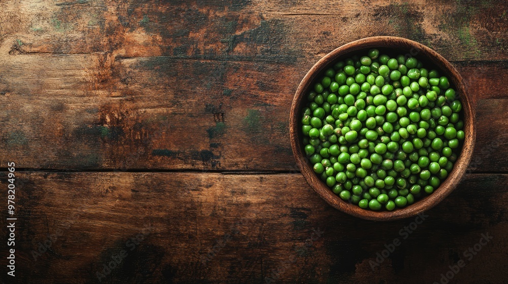 Top view of a bowl of green peas on a rustic wooden table featuring an oil painting style and ample copy space Flat lay composition with natural wooden elements Top view of a bowl of green peas on a rustic wooden table featuring an oil painting style and ample copy space Flat lay composition with natural wooden elements