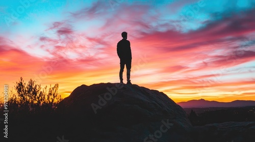 Silhouette of a person standing on a rock gazing ahead against a backdrop of vibrant sunset colors highlighting the beauty of nature