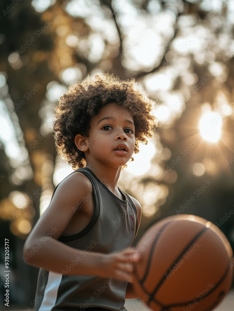 A young boy, poised on a basketball court, looks determined as he holds a basketball, with the setting sun creating a golden backdrop. A young boy, poised on a basketball court, looks determined as he holds a basketball, with the setting sun creating a golden backdrop.
