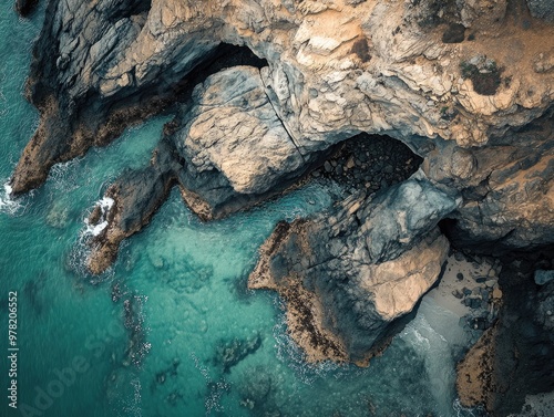 Aerial view of a rocky shoreline showcasing natural formations and textures
