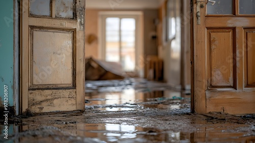 Close-up of swollen wooden doors and frames in a flood-damaged interior