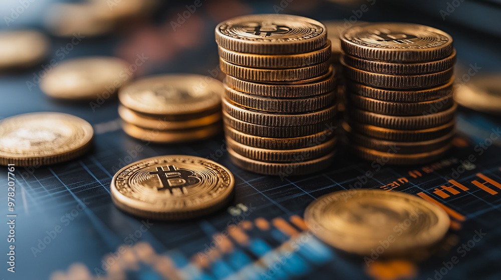 A stack of gold coins with a Bitcoin symbol on them. The coins are piled on top of each other, creating a sense of wealth and abundance. Concept of financial prosperity A stack of gold coins with a Bitcoin symbol on them. The coins are piled on top of each other, creating a sense of wealth and abundance. Concept of financial prosperity