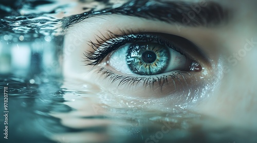 Double exposure of two eyes with a water-flooded room in the background, emphasizing the emotional impact and the need for insurance claims photo