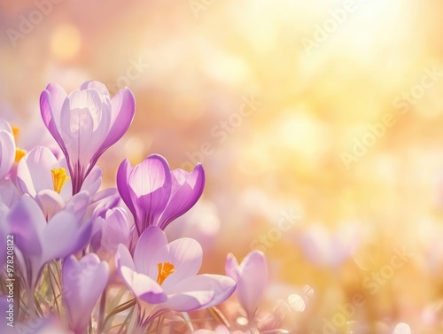 Blurred floral background featuring crocus flowers in sunlight creating a serene and vibrant atmosphere perfect for nature themed projects