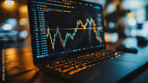 A laptop displaying a graph of stock prices. The graph is in shades of blue and red, with the blue portion representing a decrease in stock prices. The laptop is open on a wooden table