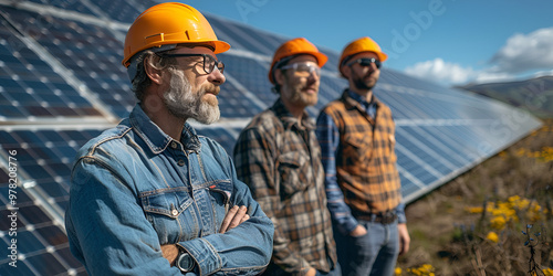  Solar energy engineers inspecting solar panels in a field, Group of solar technicians working on solar energy installation