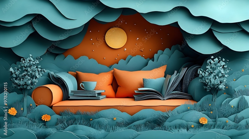 Cozy Papercut Reading Nook with Books Tea and Soft Blanket