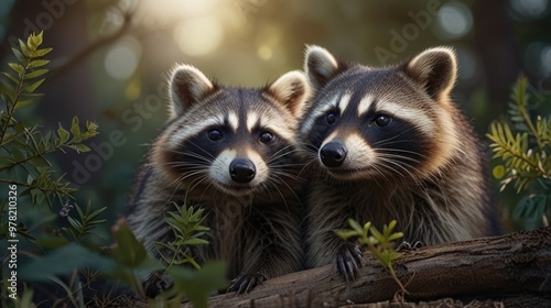 Raccoons over a nature background with a natural light