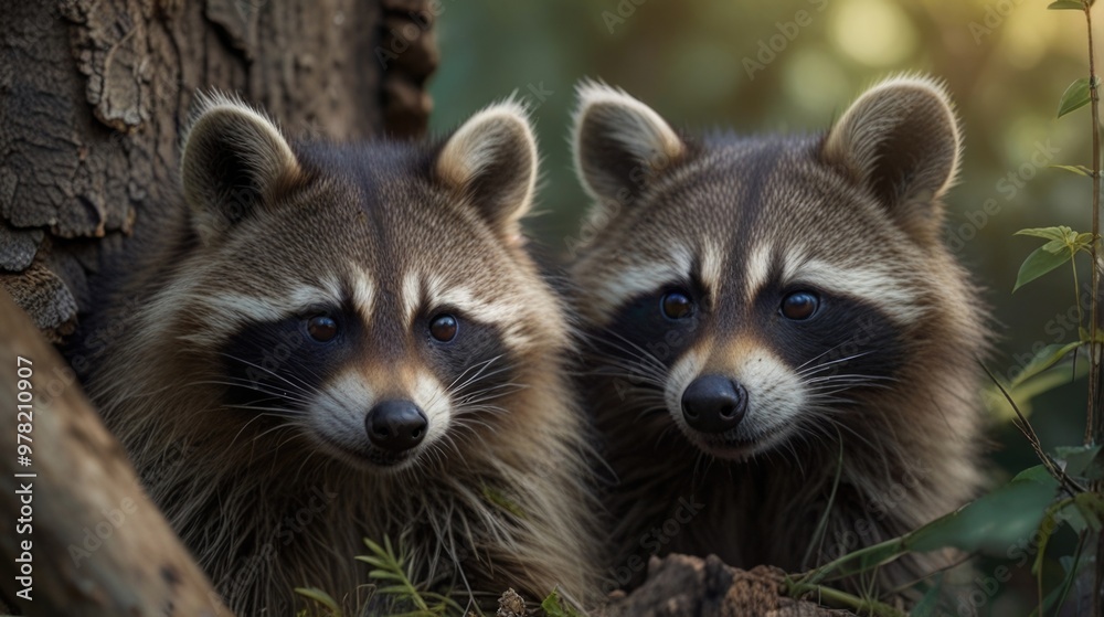 Raccoons over a nature background with a natural light Raccoons over a nature background with a natural light
