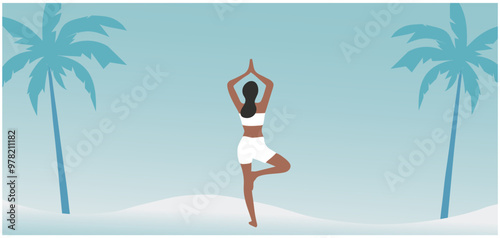 Beautiful woman doing yoga exercise on the beach vector illustration. Health lifestyle workout concept
