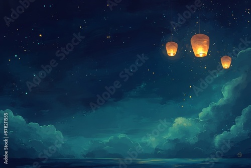 Night Sky with Floating Lanterns. photo