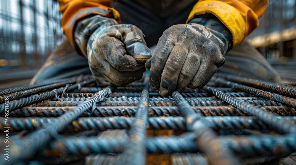 Close-up of a worker's hands wearing gloves, tying steel reinforcement bars at a construction site, showcasing precision and skill in construction work. Close-up of a worker's hands wearing gloves, tying steel reinforcement bars at a construction site, showcasing precision and skill in construction work.