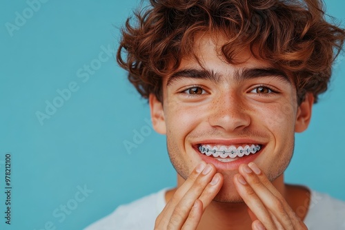 Happy Young Man Holding Braces and Transparent Aligner: Studio Shot on Blue Background