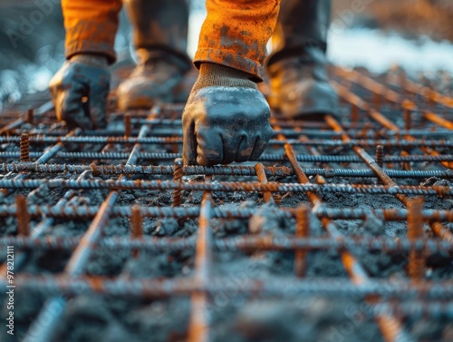 Construction worker in boots and gloves securing rebar grid for concrete foundation, close-up view of hands and feet on reinforcing steel. photo