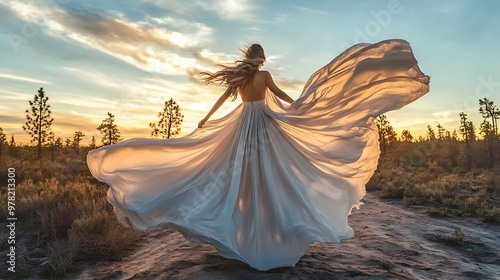 Wilderness Bride in the Golden Hour: A woman in a flowing white dress dances under a breathtaking sunset, her hair whipping in the wind, capturing the essence of freedom and grace. 