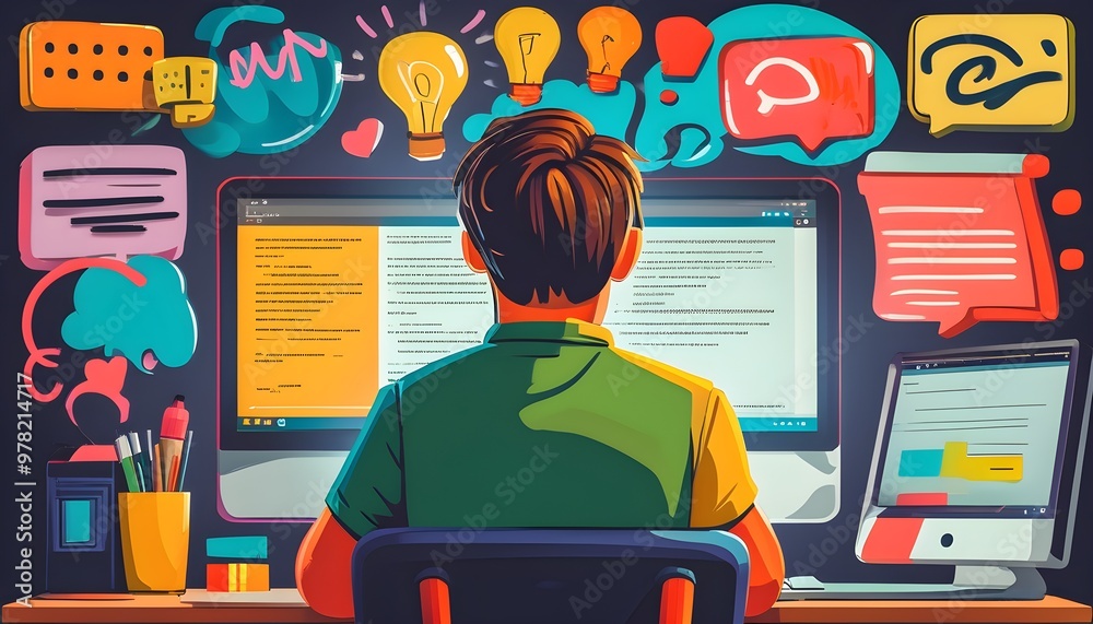 Doodle illustration of a coding tutor concept, depicting a person ...