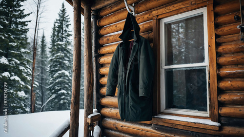 Winter coat hanging on a hook in a snowy cabin porch