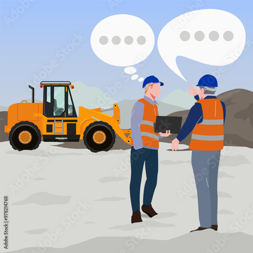 Senior engineers gives instruction to junior at the mineral mining site vector illustration