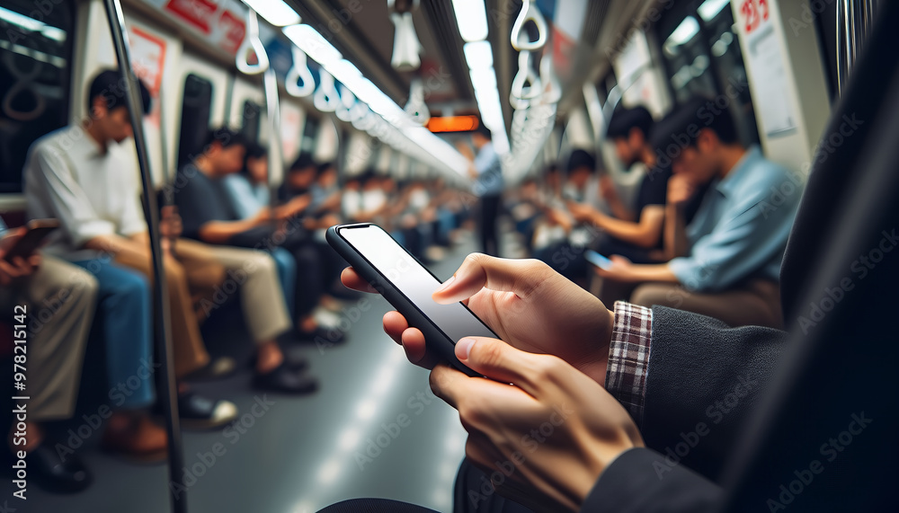 A hand holds a smartphone in focus, while blurry passengers sit in the background of a subway train.
A hand holds a smartphone in focus, while blurry passengers sit in the background of a subway train.