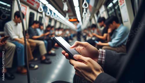  A hand holds a smartphone in focus, while blurry passengers sit in the background of a subway train. 