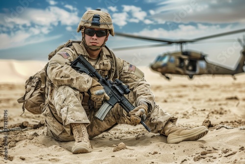 Military soldier poses confidently with helicopter in the background, showcasing strength and valor photo