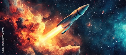 Fototapeta Naklejka Na Ścianę i Meble -  Rocket soaring through outer space created using mixed media techniques