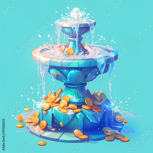 A whimsical blue fountain overflowing with golden coins. The water is cascading down, creating a playful scene. photo