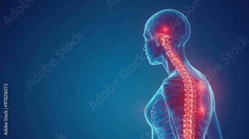 woman suffering from back pain with an X-ray of the spine on blue background