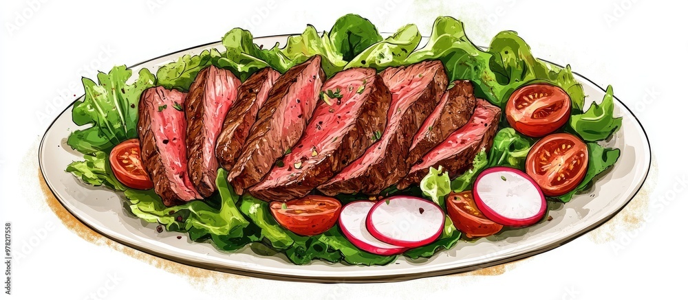 Roast beef salad featuring a vibrant green mix topped with thick slices of juicy medium rare veal or grilled steak accompanied by sliced radish tomatoes spices and crisp lettuce