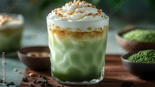 Vibrant Green Tea Latte with Creamy Milk Layers and Matcha Syrup Drizzle photo